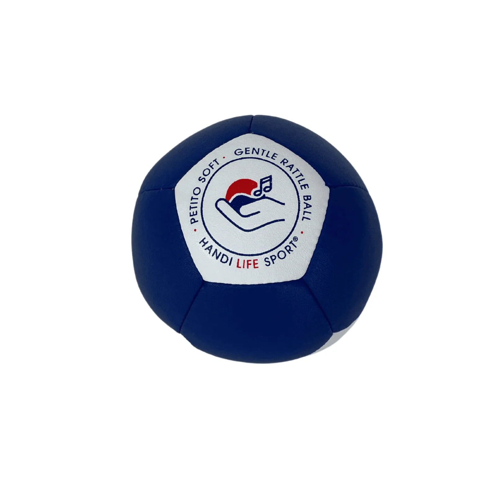 A small navy-blue soft ball with a white panel marked “Petito Soft - Gentle Rattle Ball”.