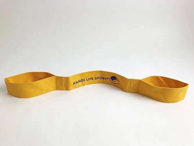 A yellow fabric loop band printed “Handi Life Sport”.