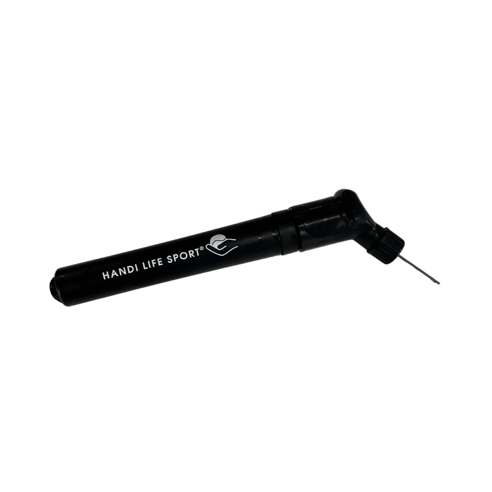 A black double-action ball pump with an inflation needle.