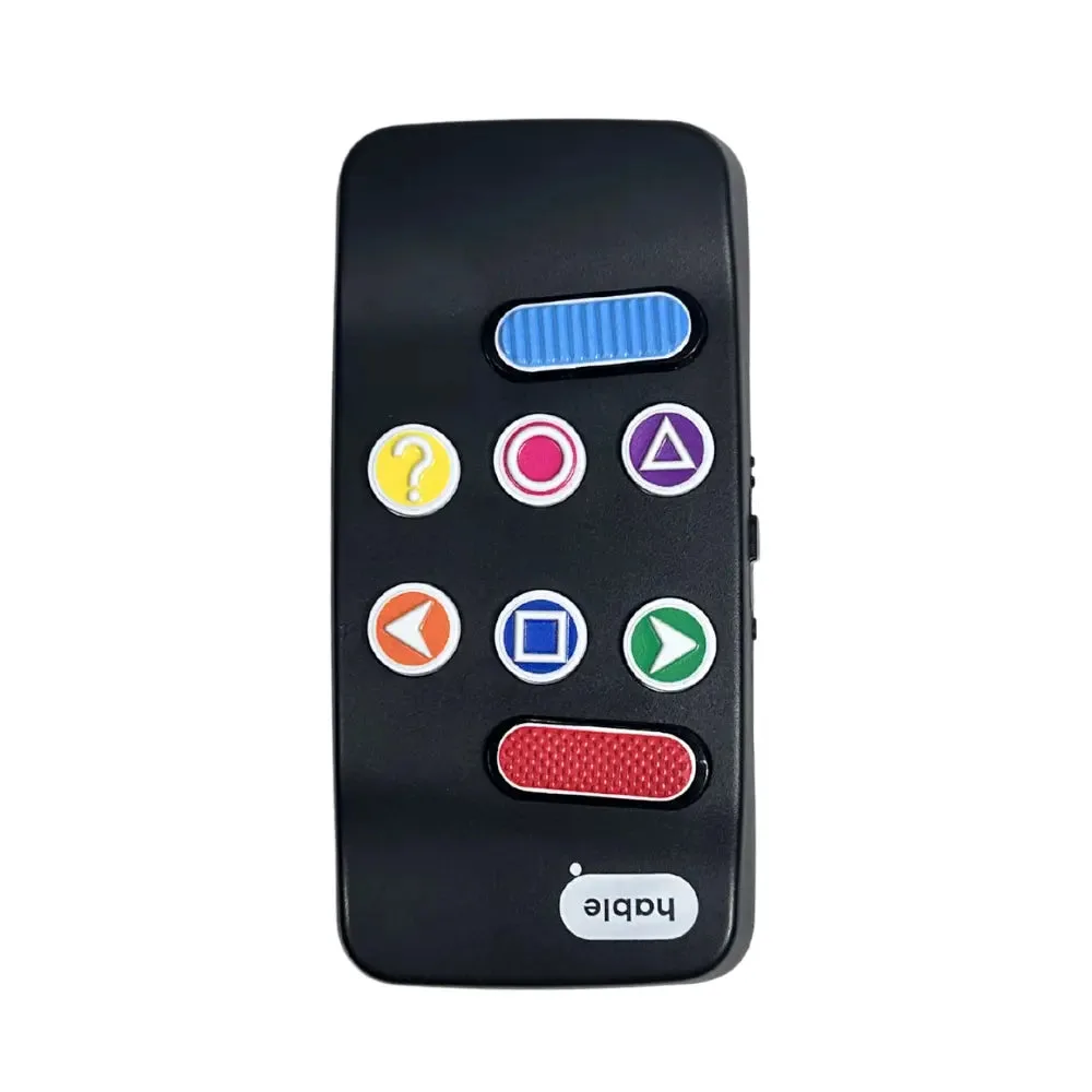 The Hable Easy controller shown on a white background: a small black handheld device with eight raised buttons, a blue ridged oval at the top, then six round colour-coded buttons marked with a yellow question mark, a pink circle, a purple triangle, an orange left arrow, a blue square and a green right arrow, and a red textured oval at the bottom, with the 'hable' logo.