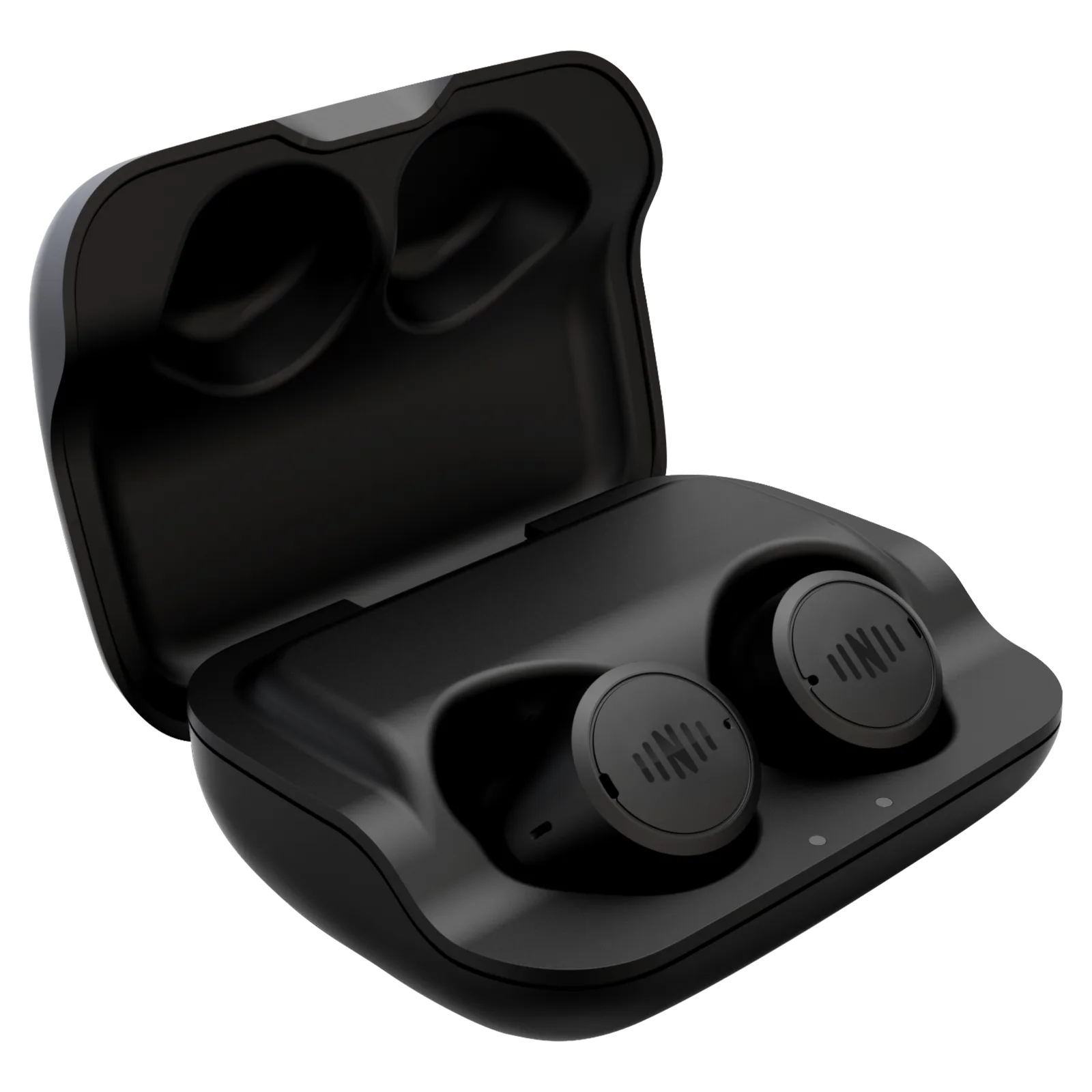 Nuheara IQbuds² MAX wireless earbuds in their open charging case.