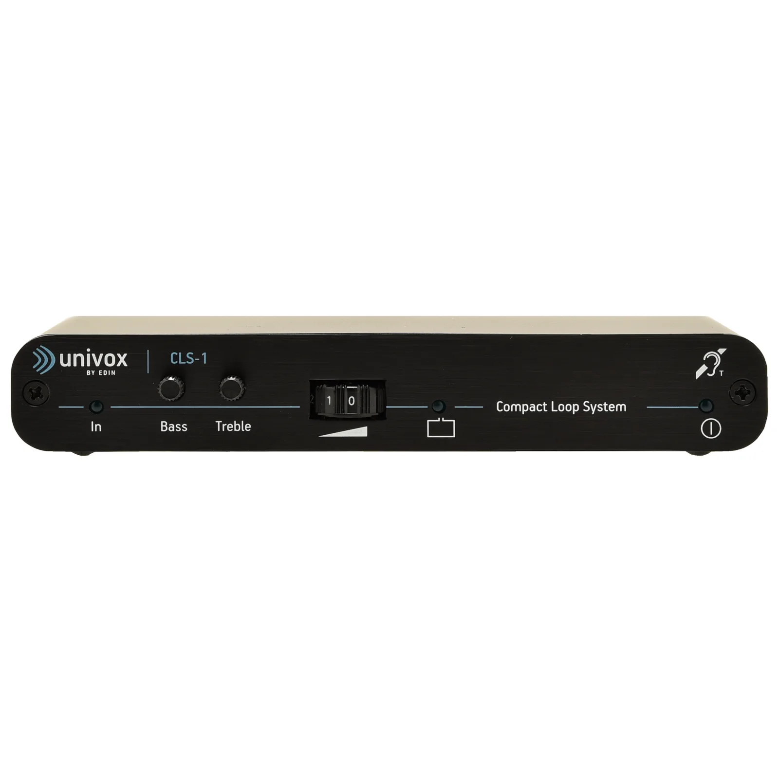 Compact home hearing loop amplifier, front view.