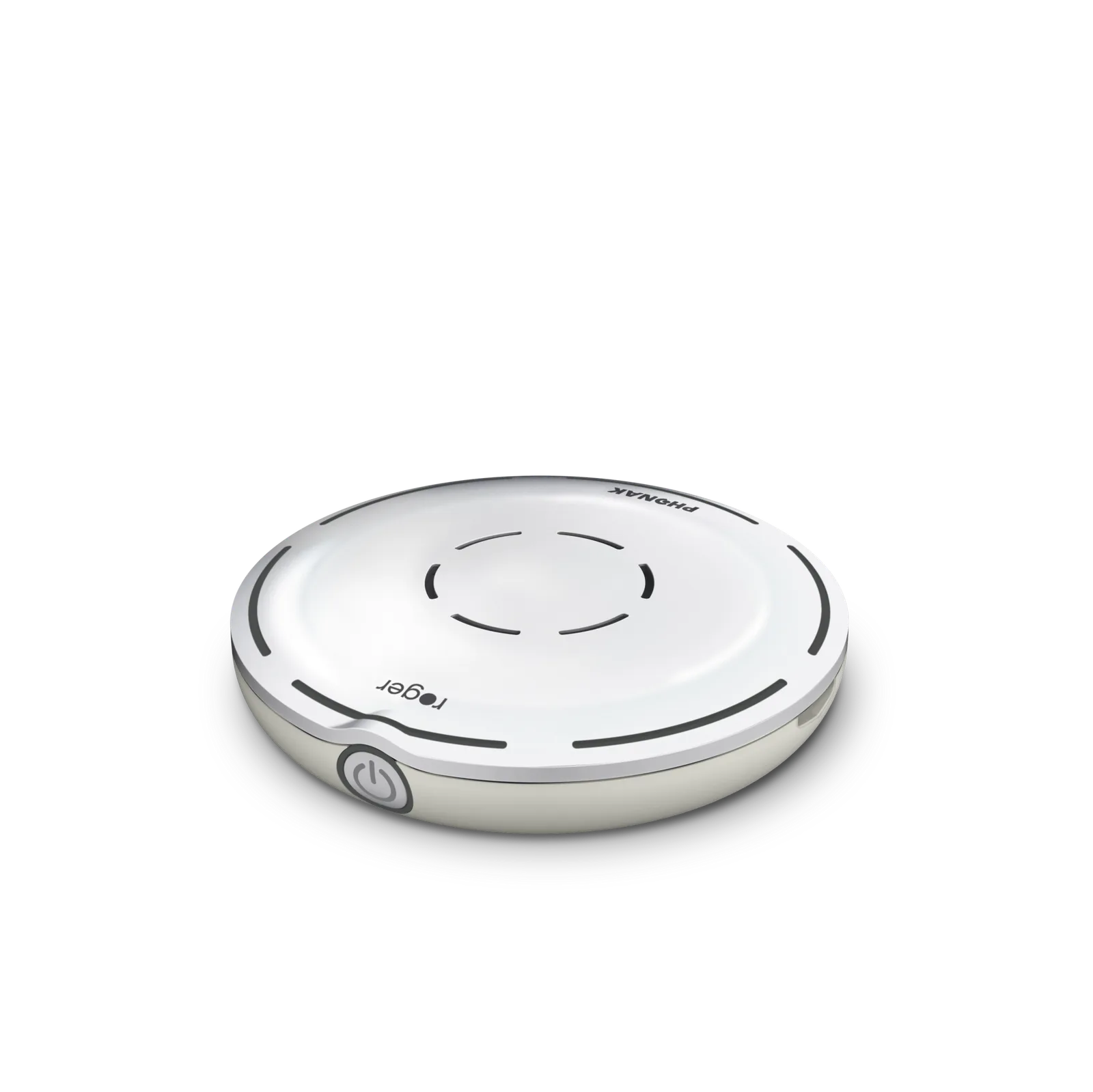 Phonak Roger Select table microphone, a slim white disc with a central touch surface.