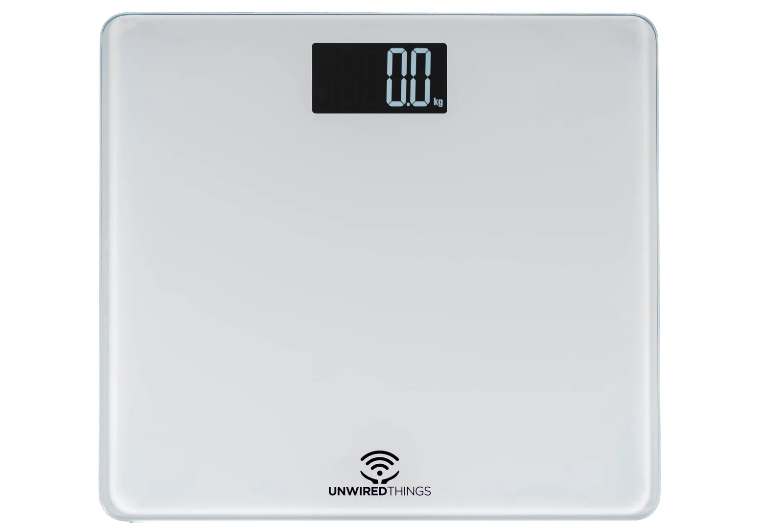 Bilancia SB-1 in vetro bianco dall’alto, display che segna 0,0 kg