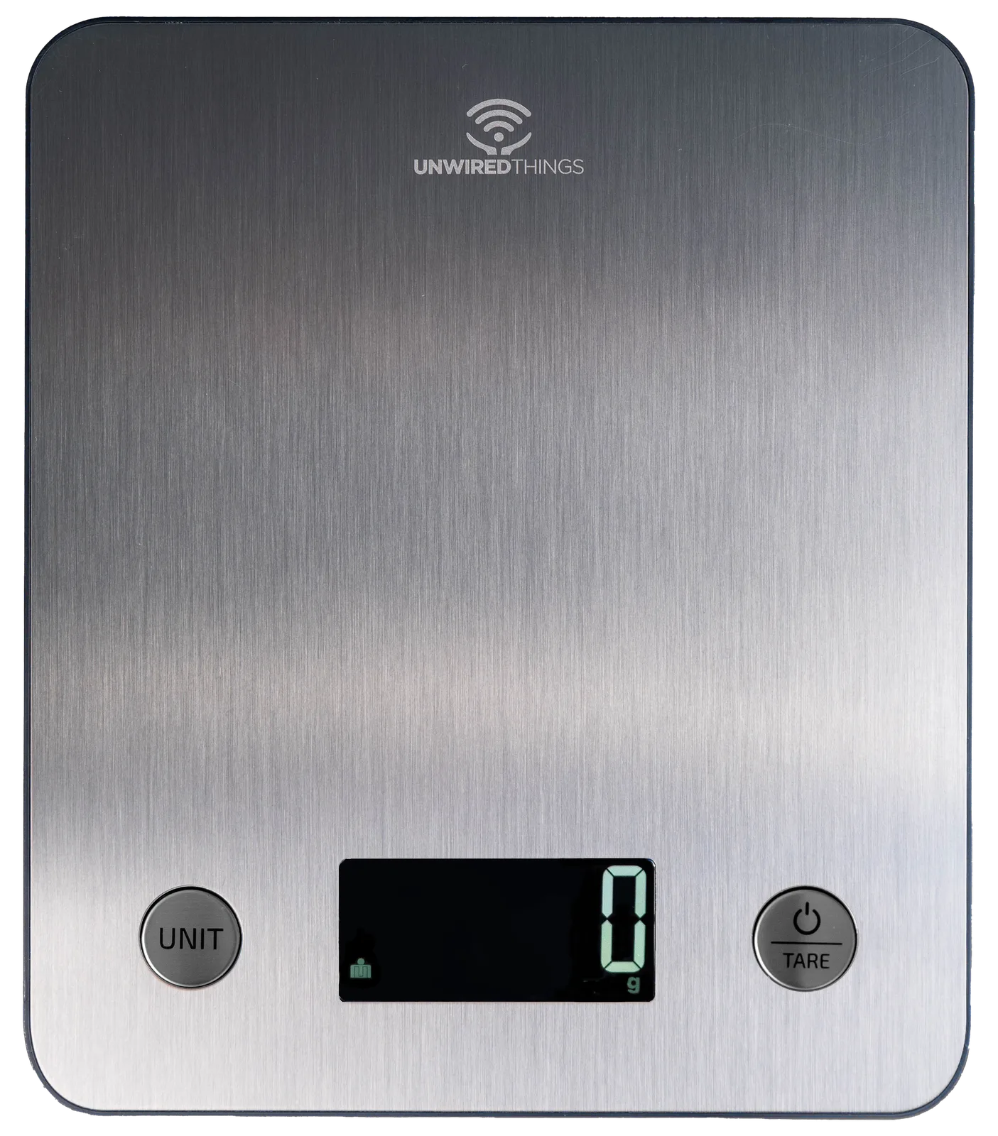 SK-1 kitchen scale from above, brushed steel platform reading zero grams