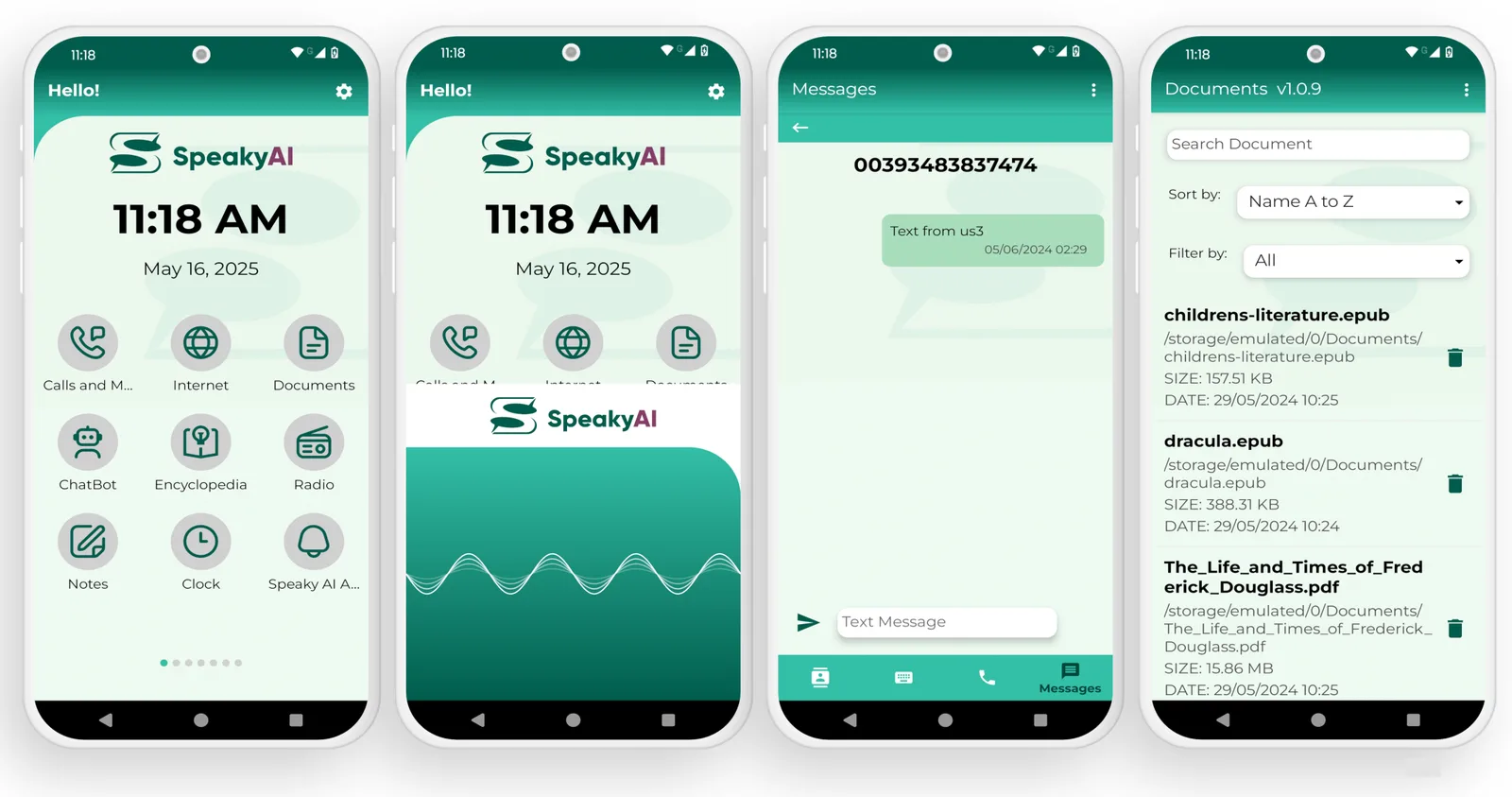 Four phones showing SpeakyAI: the home screen, voice listening, messages and a document list.