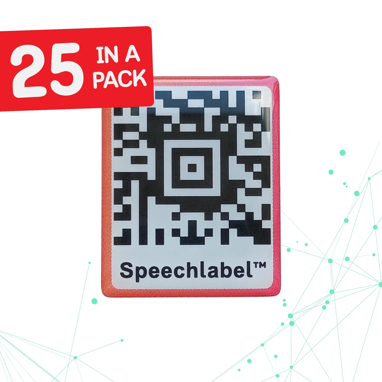 A single Speechlabel thick QR code sticker: a glossy, raised square label with a red border, a black-and-white QR code and the word Speechlabel, shown with a red '25 in a pack' badge.