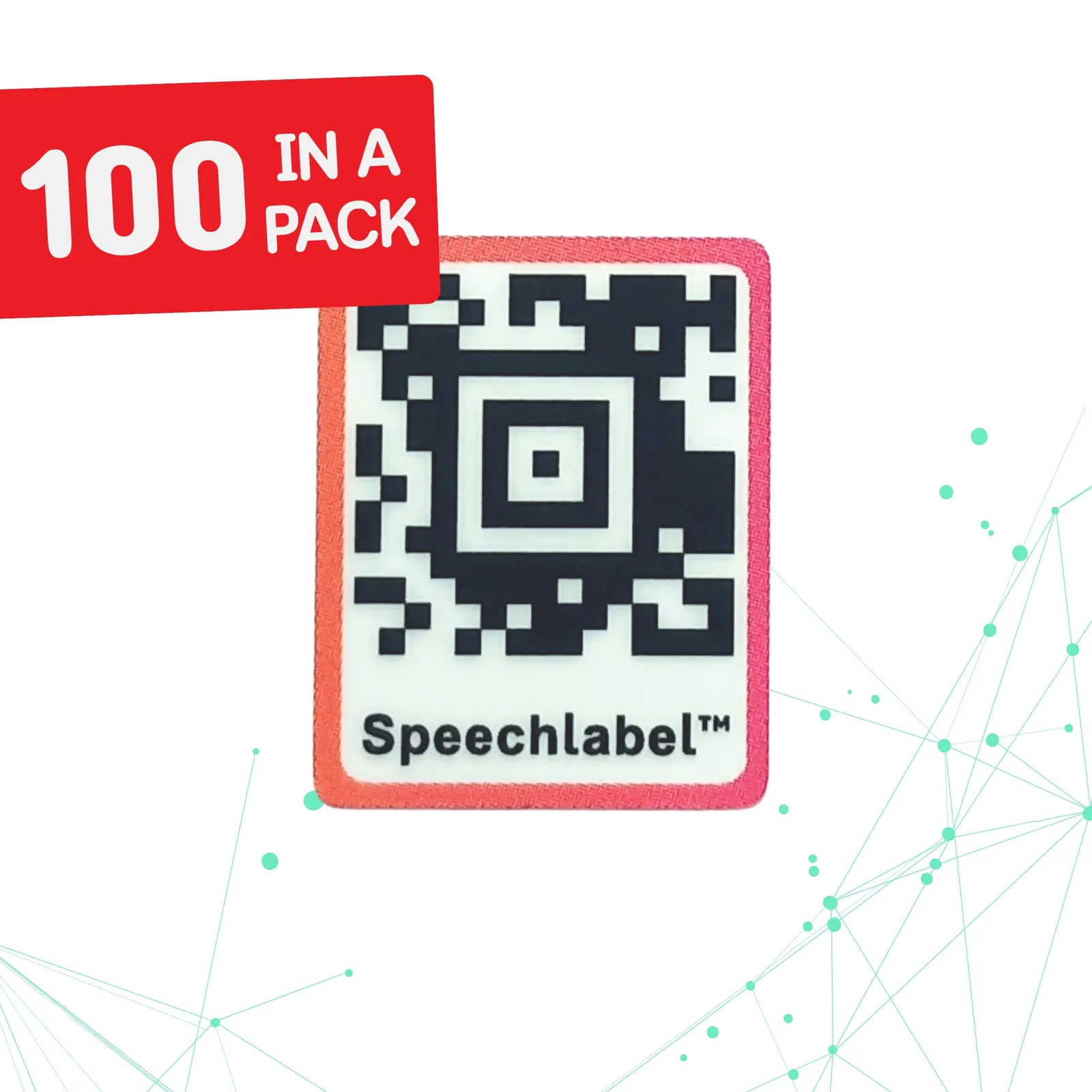 A single Speechlabel thin QR code sticker: a flat square label with a red border, a black-and-white QR code and the word Speechlabel, shown with a red '100 in a pack' badge.
