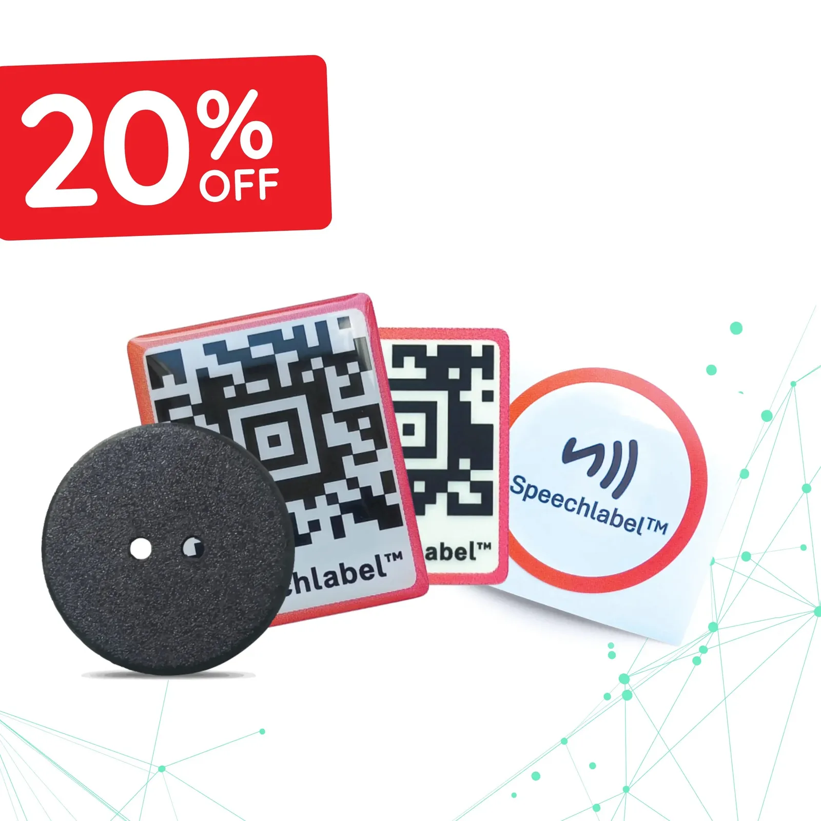 An assortment of Speechlabel label types grouped together, a round black NFC laundry button, a thick QR sticker, a thin QR sticker and a round NFC touch sticker, with a red '20% off' badge.