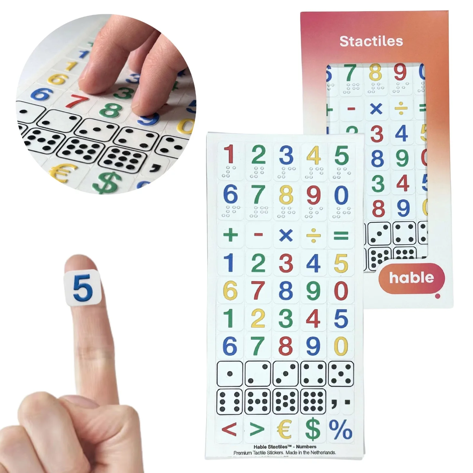 The Hable Stactiles Numbers set: a white sheet of raised stickers including the digits 0 to 9 in colour with Braille dots, maths symbols, dice-dot patterns and currency icons, shown with its orange box. A fingertip holds a single blue number 5 sticker and an inset shows fingers feeling the numbers and dice.
