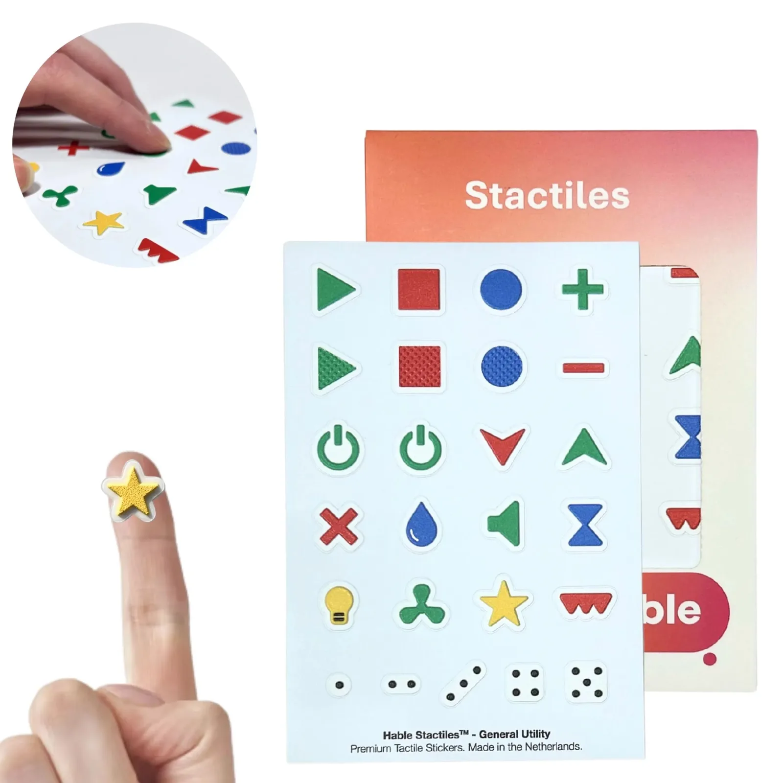 The Hable Stactiles General Utility set: a white sticker sheet of small raised icons including a green triangle, a red square, a blue circle, plus and minus signs, power buttons, arrows, an X, a water drop, a speaker, a light bulb, a fan, a star and dice-dot patterns, shown with its orange box. A fingertip holds a single yellow star sticker, and an inset close-up shows fingers feeling the stickers.