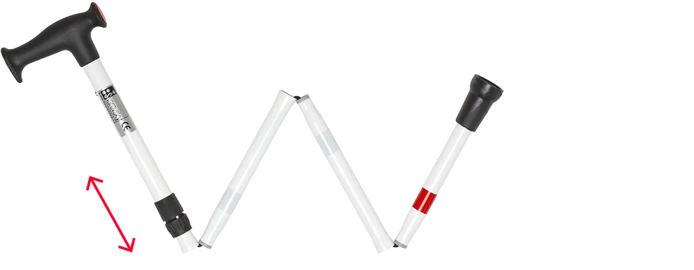 Folded five-section white support cane: black T-shaped handle, black locking ring, white sections, red band and black rubber tip.