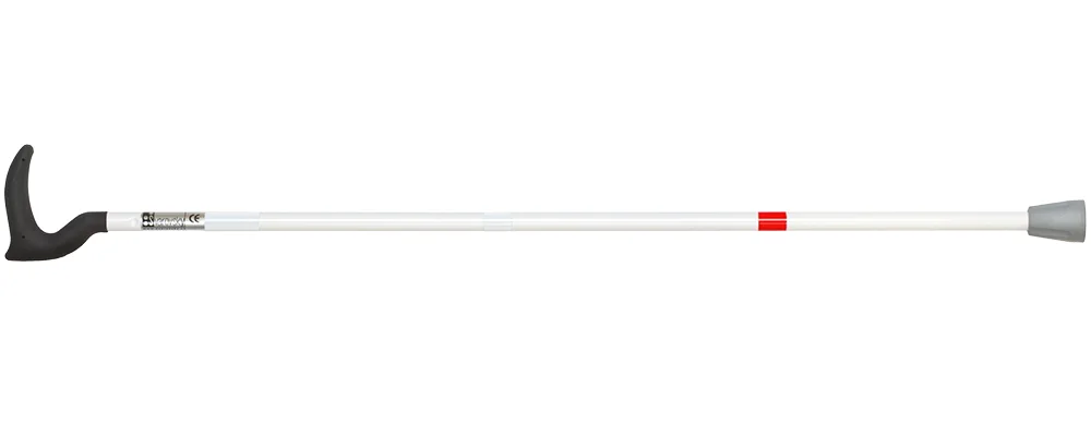 Straight white support cane: contoured black orthopedic handle, white shaft with red band, grey rubber ferrule tip.