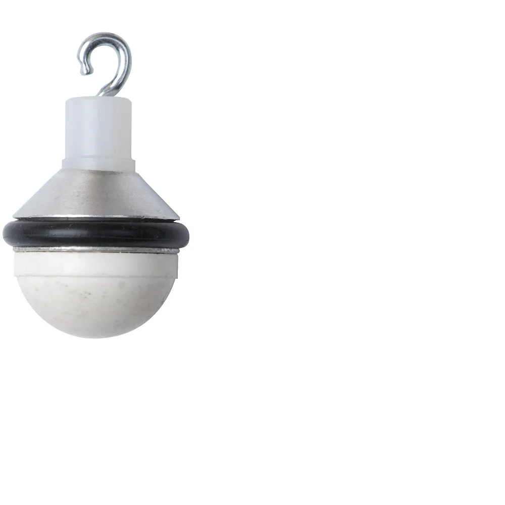 Ceramic cane tip: white ceramic hemisphere under a brushed aluminium cone with a black rubber ring, steel hook on top.