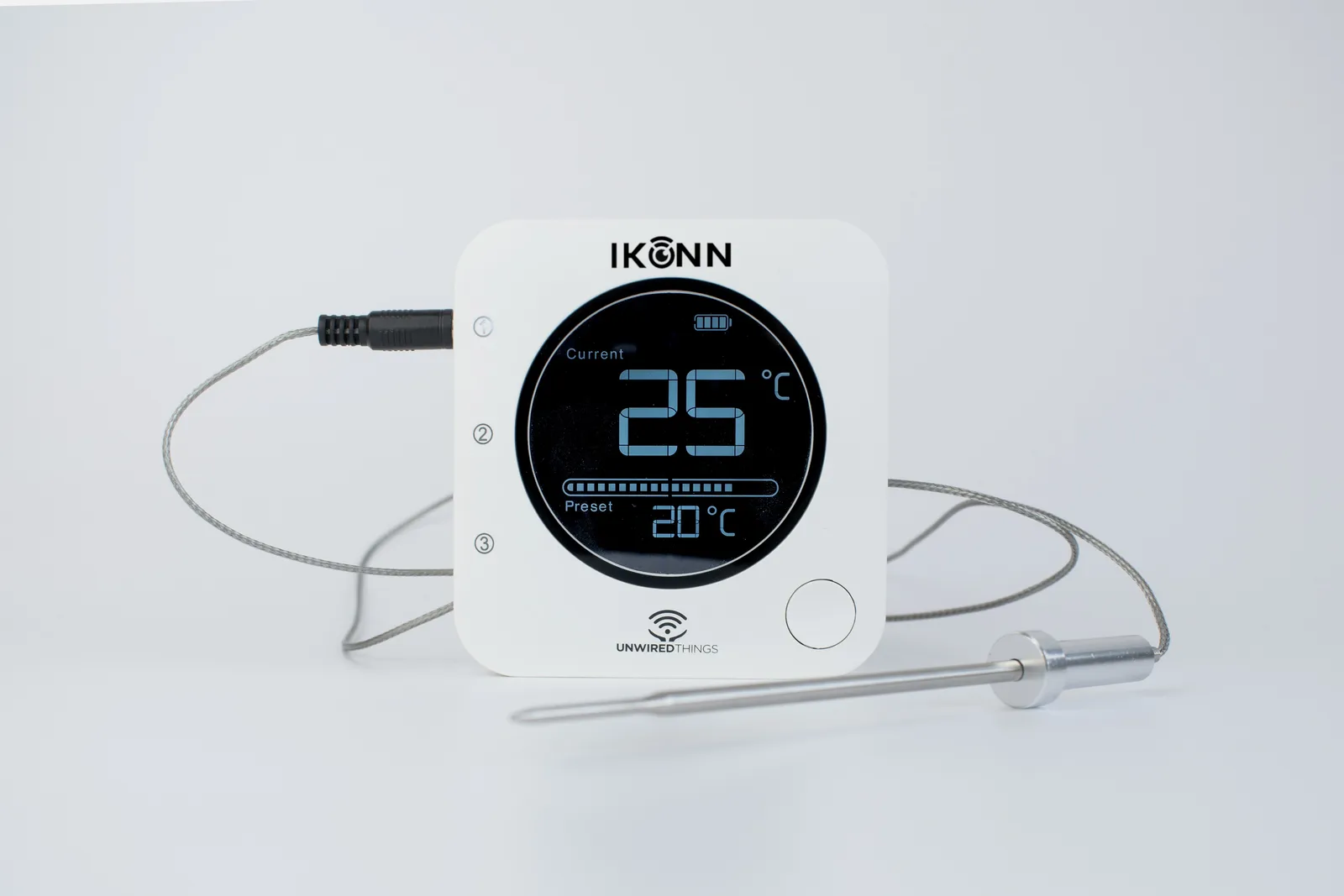 White TK-1 base unit with a steel probe plugged in, reading 25 Celsius