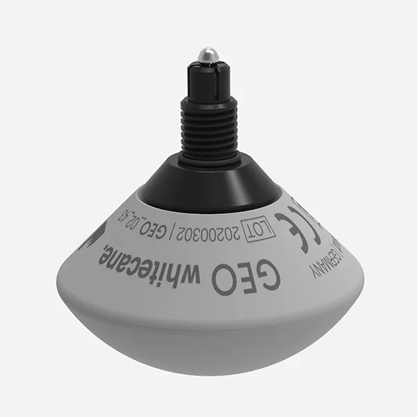 The GEO High rolling tip: a light dome-shaped rolling body on a holder, ready to screw onto a white cane.