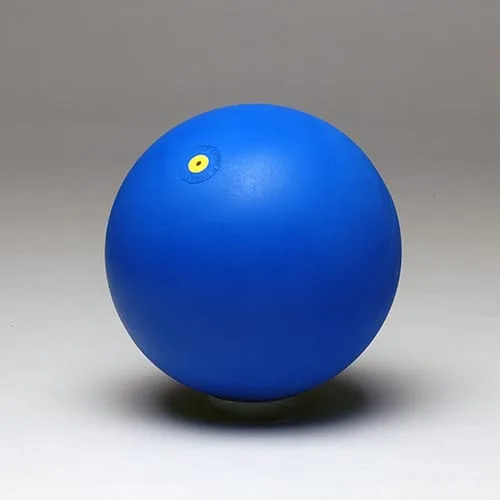 A plain matt blue rubber ball with a small yellow valve disc near the top.